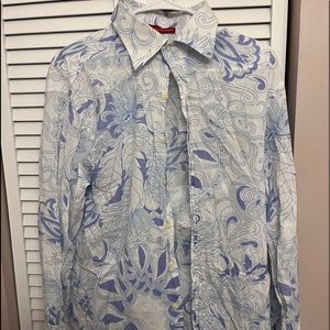 Trendy Mens Button down Dress Shirt. XL Paisley Floral White Blue Ice B52
